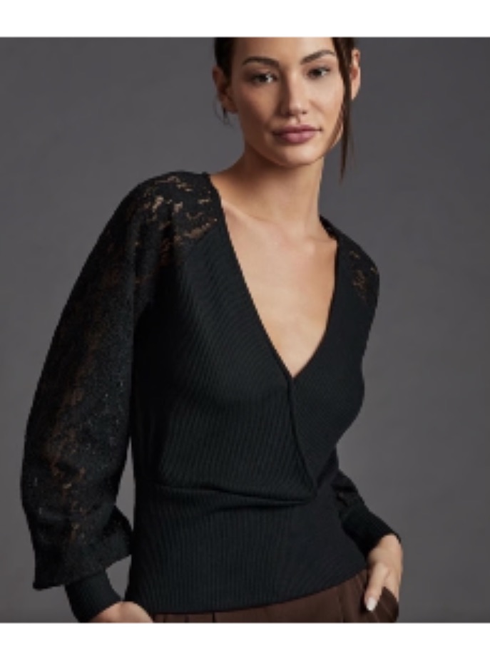 Anthropologie Black Lace Ballon Sleeve Sweater Size Xl